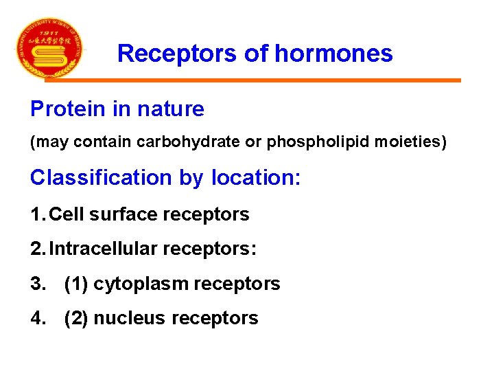 Receptors of hormones Protein in nature (may contain carbohydrate or phospholipid moieties) Classification by