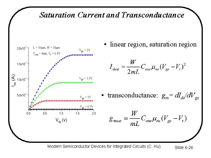 Saturation Current and Transconductance • linear region, saturation region • transconductance: gm= d. Ids/d.