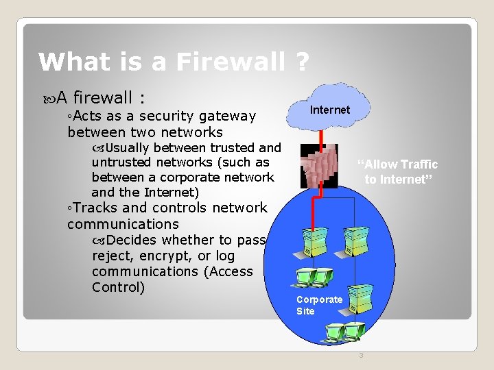 What is a Firewall ? A firewall : ◦Acts as a security gateway between What is a Firewall ? A firewall : ◦Acts as a security gateway between