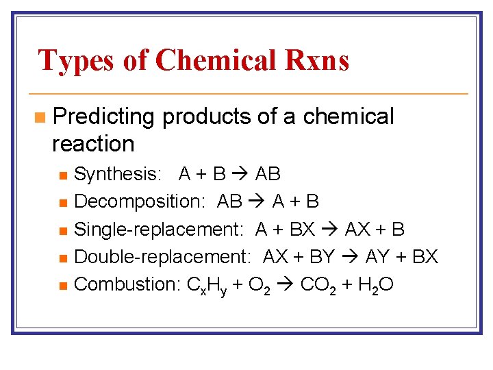 Types of Chemical Rxns n Predicting products of a chemical reaction n n Synthesis: Types of Chemical Rxns n Predicting products of a chemical reaction n n Synthesis: