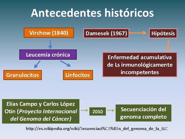 Antecedentes históricos Virchow (1840) Damesek (1967) Leucemia crónica Granulocitos Enfermedad acumulativa de Ls inmunológicamente