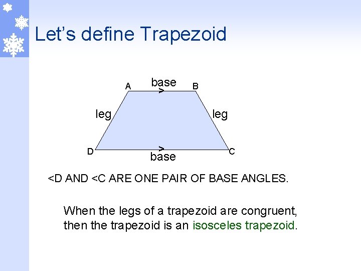 Let’s define Trapezoid A base > leg D B leg > base C <D