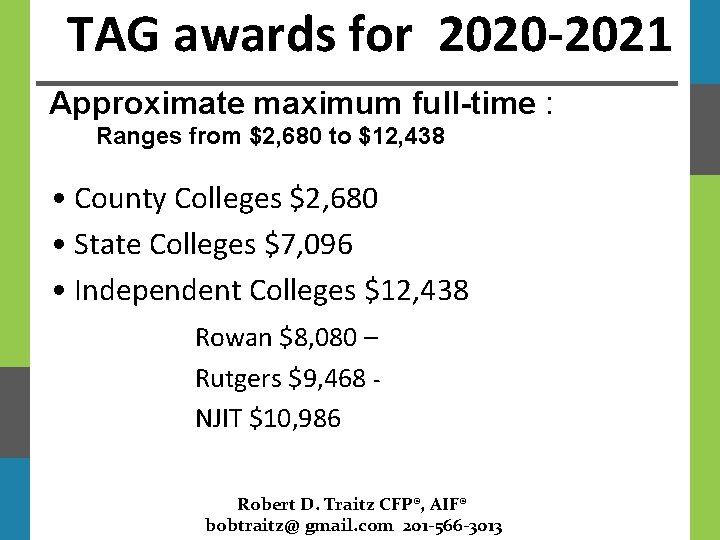 TAG awards for 2020 -2021 Approximate maximum full-time : Ranges from $2, 680 to