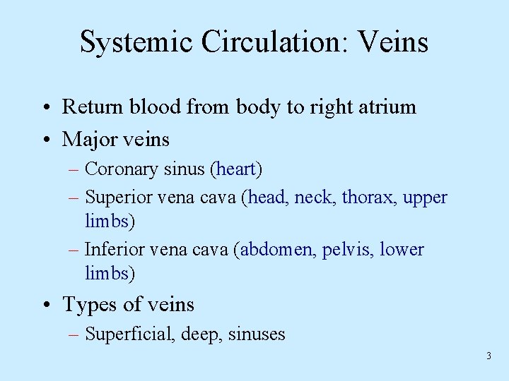 Systemic Circulation: Veins • Return blood from body to right atrium • Major veins