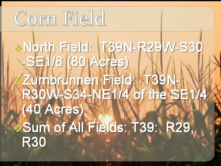 Corn Field v. North Field: T 39 N-R 29 W-S 30 -SE 1/8 (80