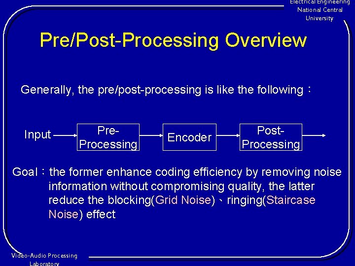 Electrical Engineering National Central University Pre/Post-Processing Overview Generally, the pre/post-processing is like the following︰