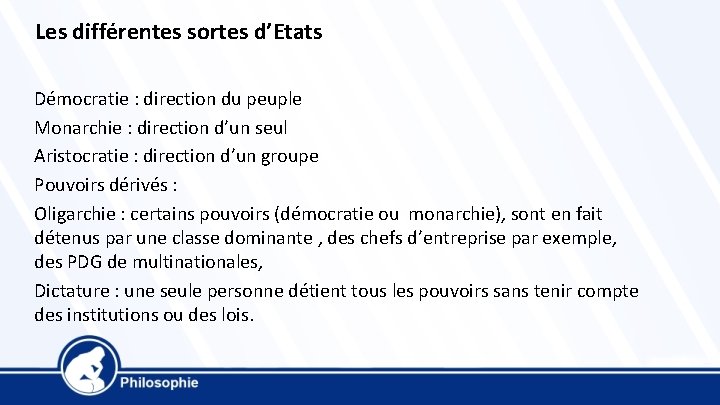 Les différentes sortes d’Etats Démocratie : direction du peuple Monarchie : direction d’un seul