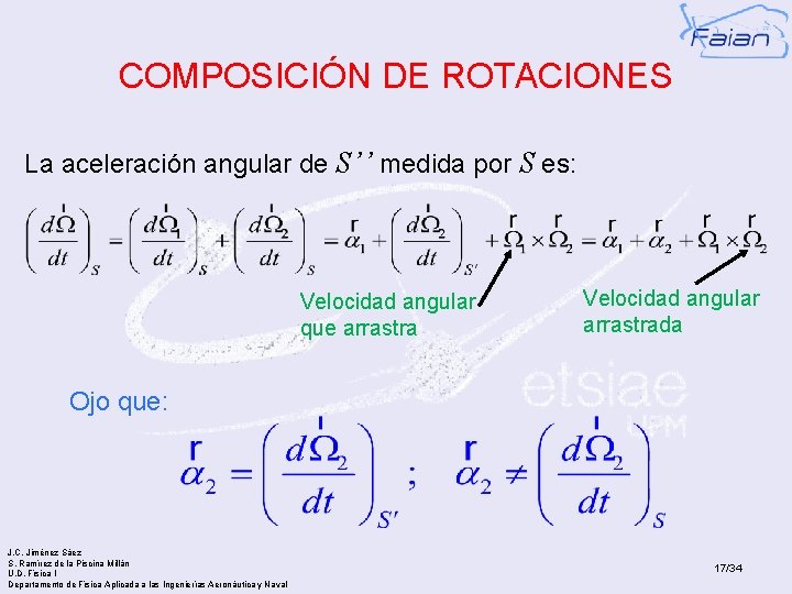 COMPOSICIÓN DE ROTACIONES La aceleración angular de S’’ medida por S es: Velocidad angular