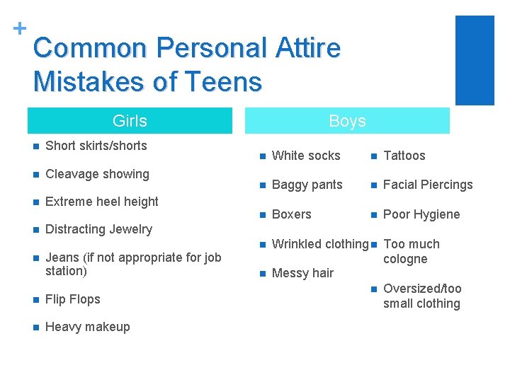 + Common Personal Attire Mistakes of Teens Boys Girls n Short skirts/shorts n Cleavage