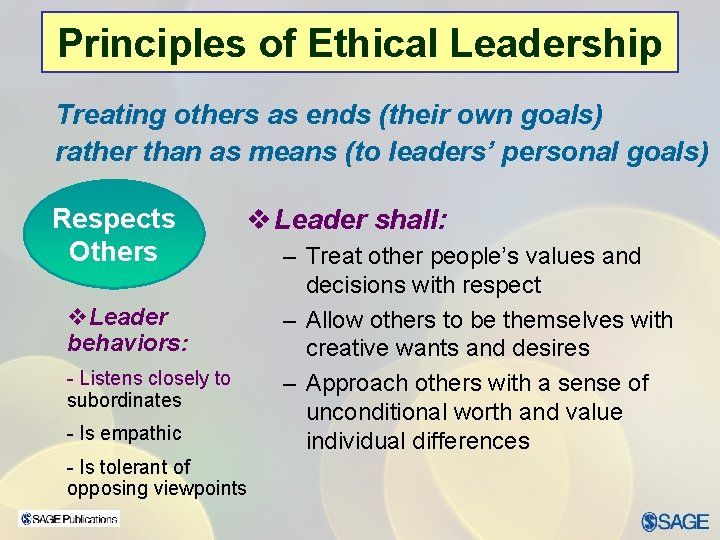 Chapter 15 – Leadership Ethics Principles of Ethical Leadership Treating others as ends (their