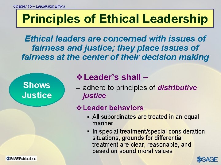 Chapter 15 – Leadership Ethics Principles of Ethical Leadership Ethical leaders are concerned with