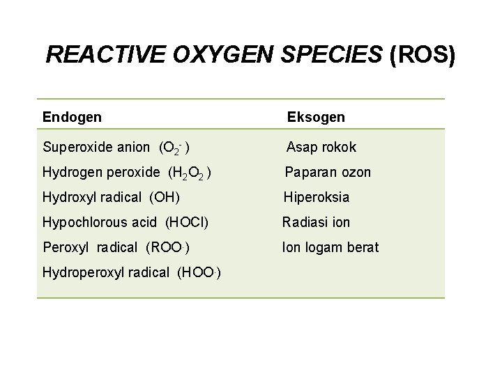 REACTIVE OXYGEN SPECIES (ROS) Endogen Eksogen Superoxide anion (O 2 - ) Asap rokok