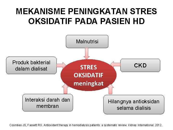 MEKANISME PENINGKATAN STRES OKSIDATIF PADA PASIEN HD Malnutrisi Produk bakterial dalam dialisat Interaksi darah
