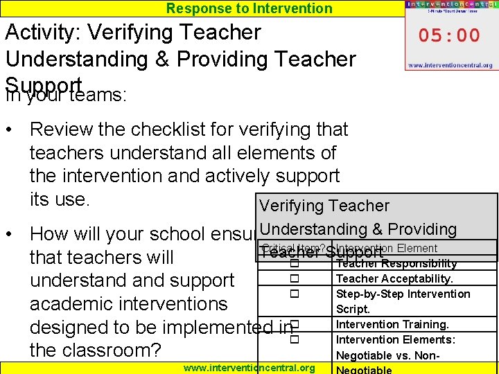 Response to Intervention Activity: Verifying Teacher Understanding & Providing Teacher Support In your teams: