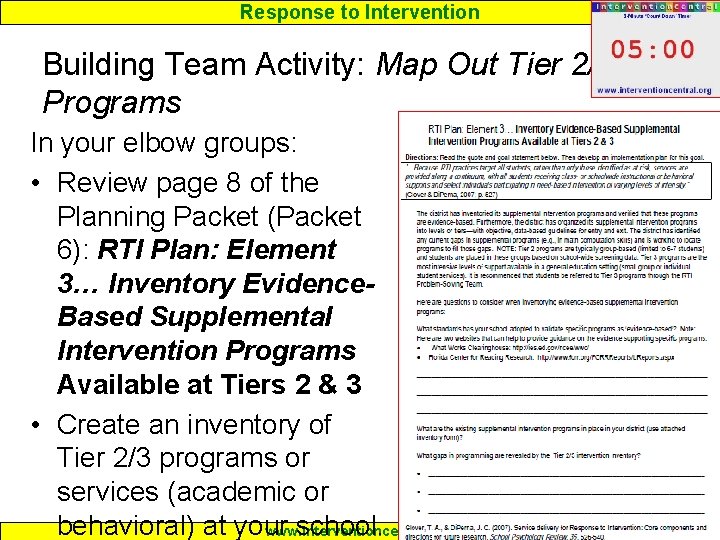 Response to Intervention Building Team Activity: Map Out Tier 2/3 Programs In your elbow