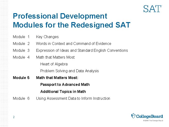 Professional Development Modules for the Redesigned SAT Module 1 Key Changes Module 2 Words