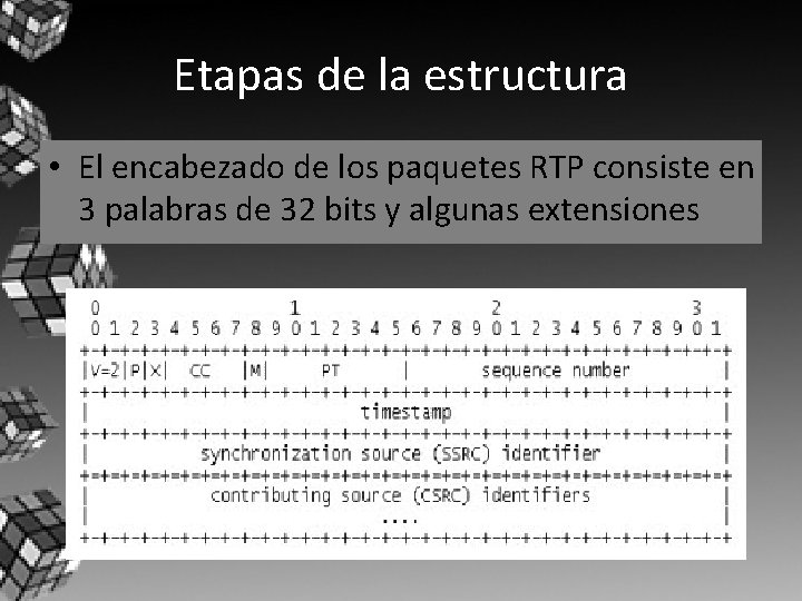 Etapas de la estructura • El encabezado de los paquetes RTP consiste en 3 Etapas de la estructura • El encabezado de los paquetes RTP consiste en 3