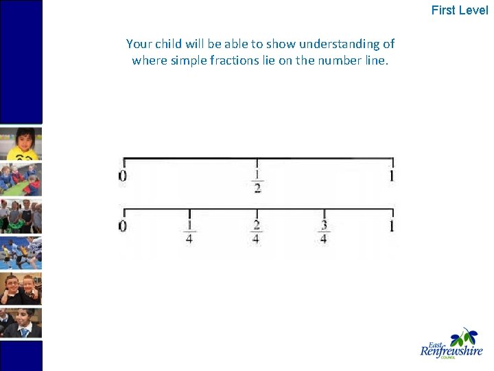 First Level Your child will be able to show understanding of where simple fractions