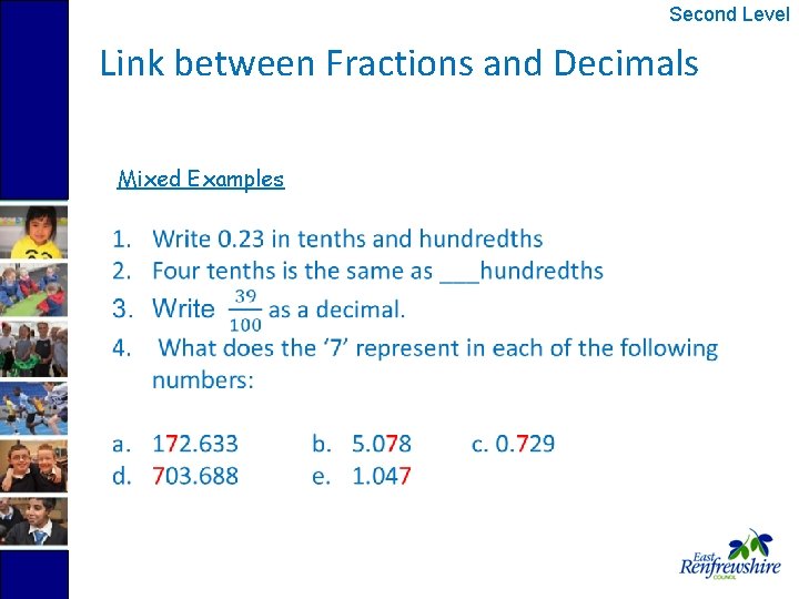 Second Level Link between Fractions and Decimals Mixed Examples 