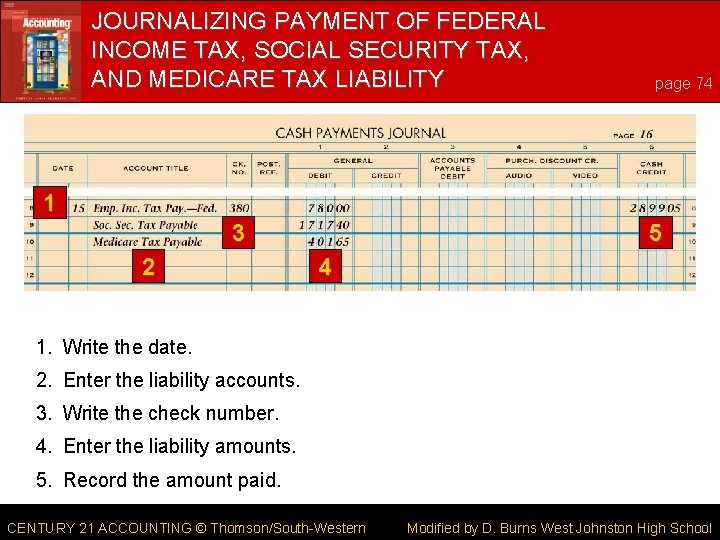 JOURNALIZING PAYMENT OF FEDERAL INCOME TAX, SOCIAL SECURITY TAX, AND MEDICARE TAX LIABILITY page