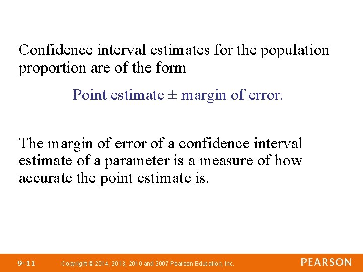 Confidence interval estimates for the population proportion are of the form Point estimate ±