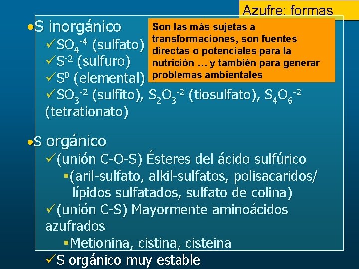  S inorgánico Azufre: formas Son las más sujetas a transformaciones, son fuentes directas