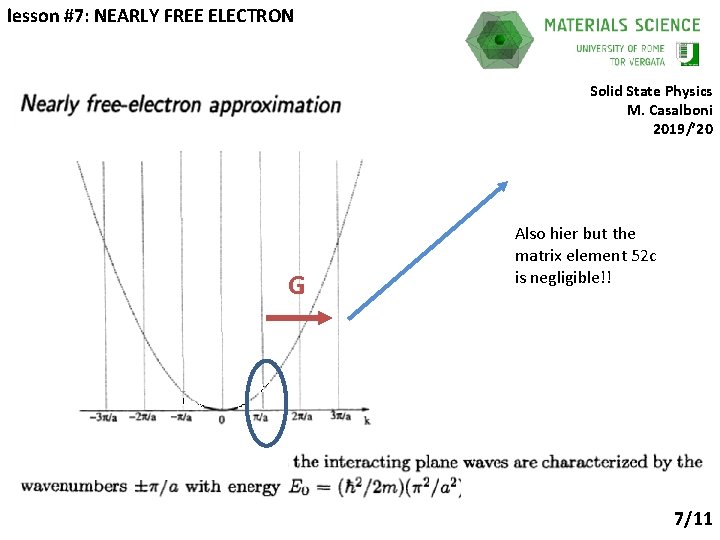 lesson #7: NEARLY FREE ELECTRON Solid State Physics M. Casalboni 2019/’ 20 G Also