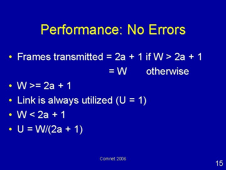 Performance: No Errors • Frames transmitted = 2 a + 1 if W >