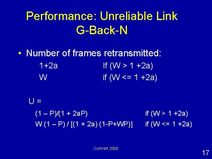 Performance: Unreliable Link G-Back-N • Number of frames retransmitted: 1+2 a W If (W