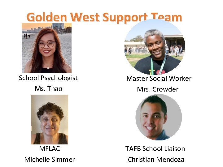 Golden West Support Team School Psychologist Ms. Thao MFLAC Michelle Simmer Master Social Worker