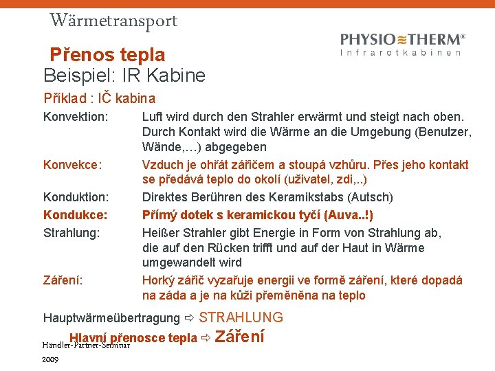 Wärmetransport Přenos tepla Beispiel: IR Kabine Příklad : IČ kabina Konvektion: Konvekce: Konduktion: Kondukce: Wärmetransport Přenos tepla Beispiel: IR Kabine Příklad : IČ kabina Konvektion: Konvekce: Konduktion: Kondukce: