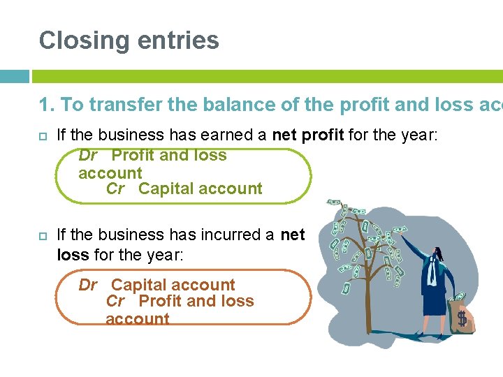 Closing entries 1. To transfer the balance of the profit and loss acc If