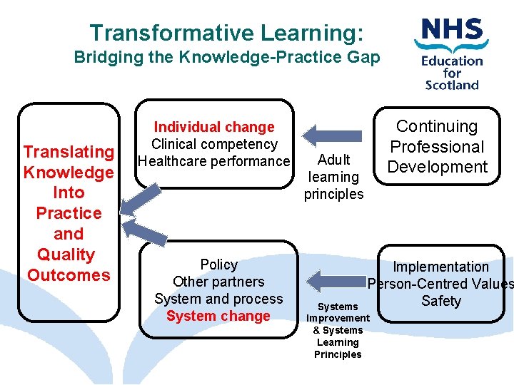 Transformative Learning: Bridging the Knowledge-Practice Gap Translating Knowledge Into Practice and Quality Outcomes Individual