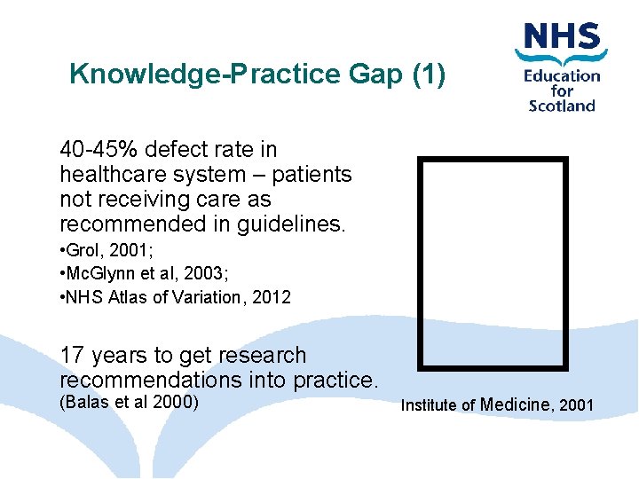 Knowledge-Practice Gap (1) 40 -45% defect rate in healthcare system – patients not receiving