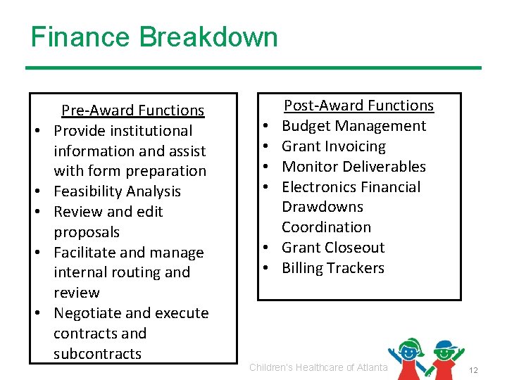 Finance Breakdown • • • Pre-Award Functions Provide institutional information and assist with form