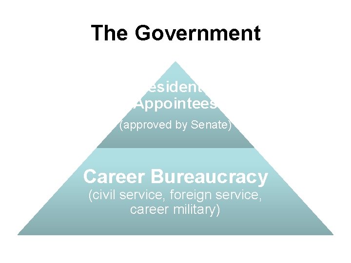 The Government Presidential Appointees (approved by Senate) Career Bureaucracy (civil service, foreign service, career