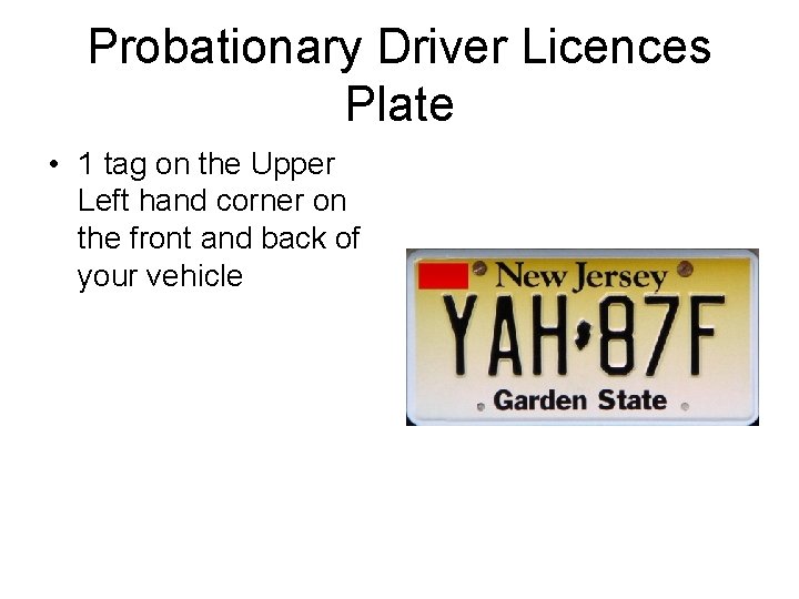 Probationary Driver Licences Plate • 1 tag on the Upper Left hand corner on