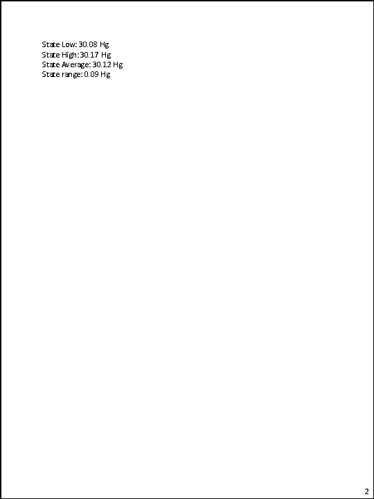 State Low: 30. 08 Hg State High: 30. 17 Hg State Average: 30. 12