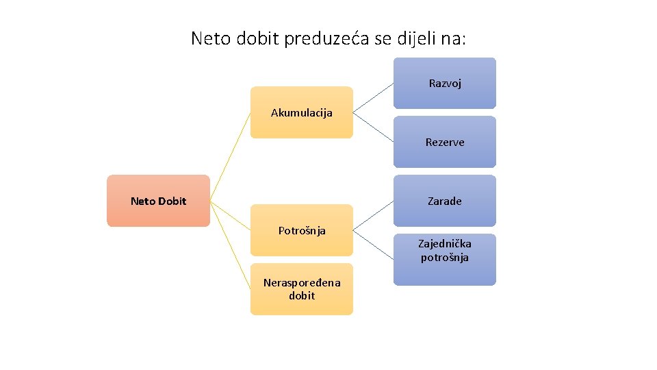 Neto dobit preduzeća se dijeli na: Razvoj Akumulacija Rezerve Neto Dobit Zarade Potrošnja Neraspoređena