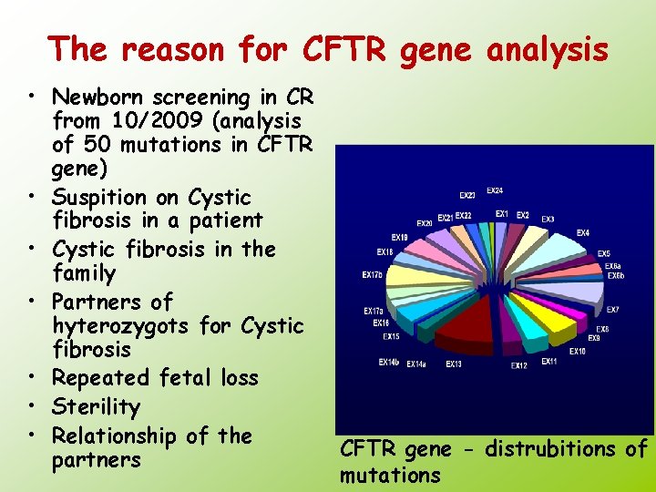 The reason for CFTR gene analysis • Newborn screening in CR from 10/2009 (analysis