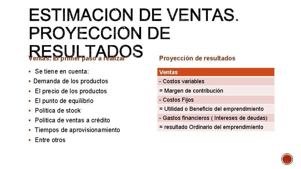 Ventas: El primer paso a realizar Proyección de resultados § Se tiene en cuenta: Ventas: El primer paso a realizar Proyección de resultados § Se tiene en cuenta:
