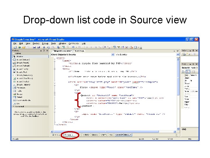 Drop-down list code in Source view 