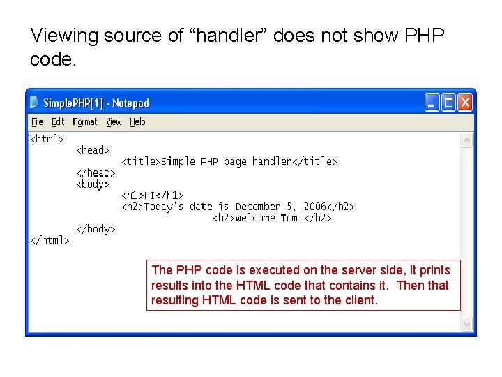 Viewing source of “handler” does not show PHP code. The PHP code is executed