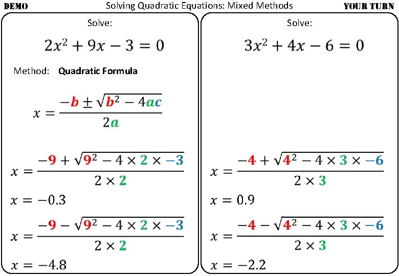DEMO Solving Quadratic Equations: Mixed Methods Solve: Method: Quadratic Formula Solve: YOUR TURN 