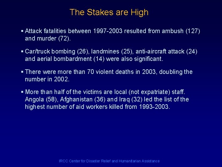 The Stakes are High § Attack fatalities between 1997 -2003 resulted from ambush (127)