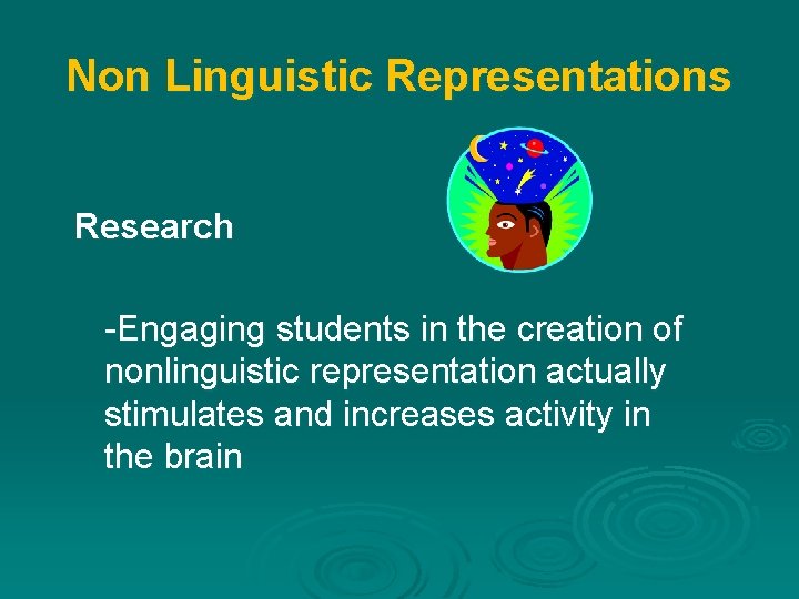 Non Linguistic Representations Research -Engaging students in the creation of nonlinguistic representation actually stimulates