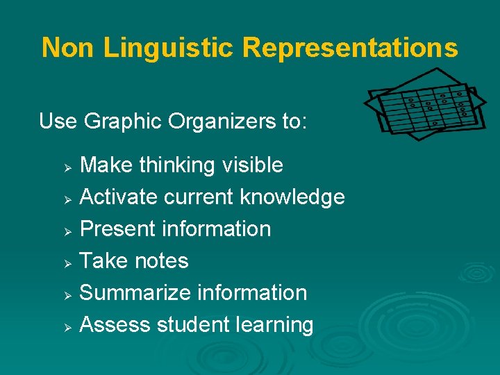 Non Linguistic Representations Use Graphic Organizers to: Make thinking visible Ø Activate current knowledge