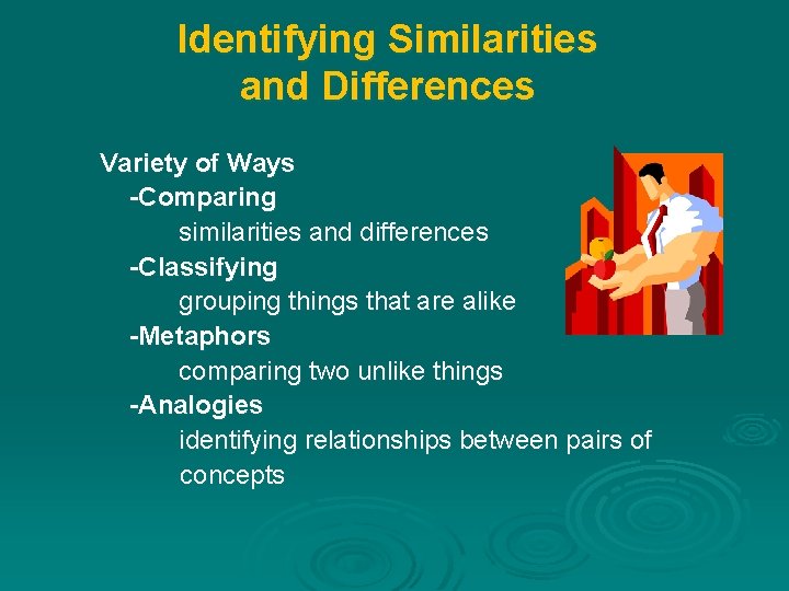 Identifying Similarities and Differences Variety of Ways -Comparing similarities and differences -Classifying grouping things