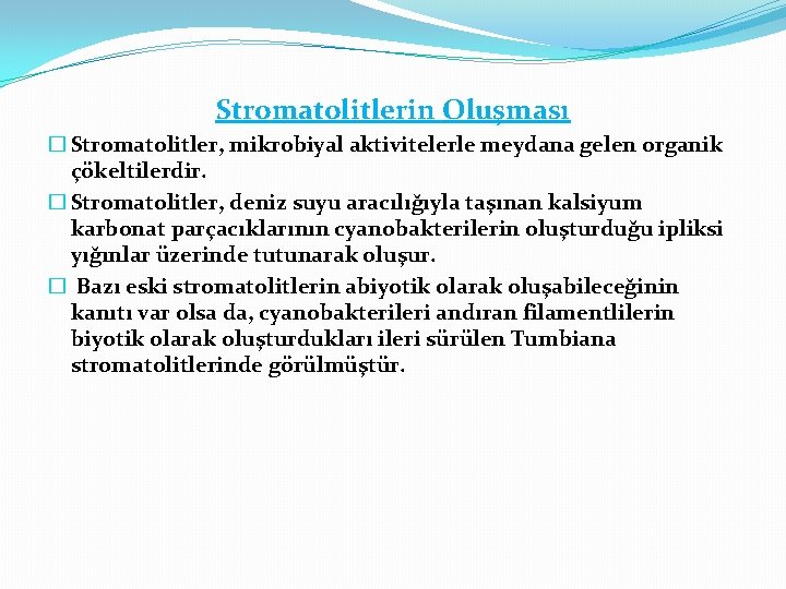 Stromatolitlerin Oluşması � Stromatolitler, mikrobiyal aktivitelerle meydana gelen organik çökeltilerdir. � Stromatolitler, deniz suyu