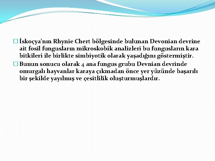 � İskoçya’nın Rhynie Chert bölgesinde bulunan Devonian devrine ait fosil fungusların mikroskobik analizleri bu